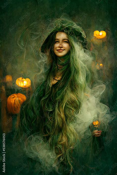 A beautiful young green witch in halloween festive mood with long foggy ...