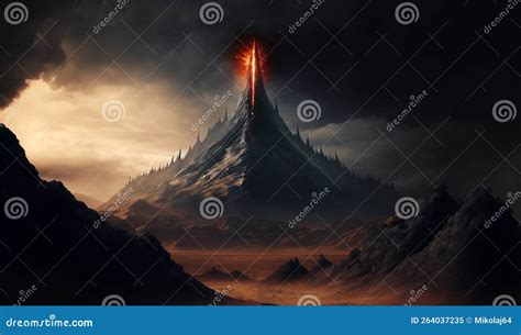 Generative Ai Illustration Of Mount Doom Volcano In Mordor Stock