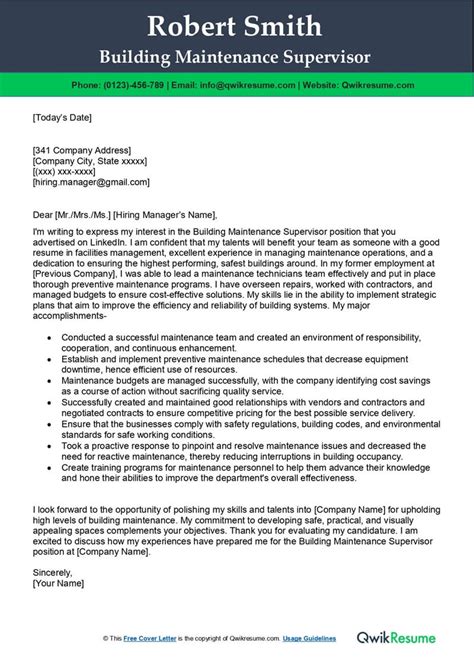 Building Maintenance Supervisor Cover Letter Examples Qwikresume