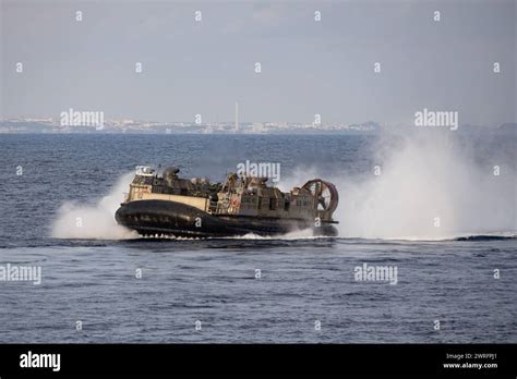 U.S. Navy landing craft, air cushion (LCAC) pilots wade across the sea ...