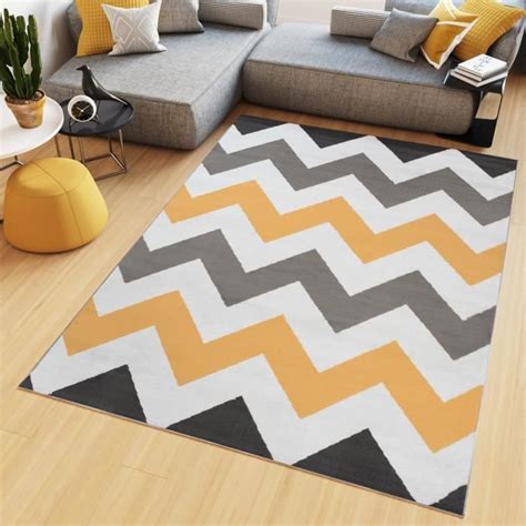 TAPISO Maya Tapis Salon Chambre Ado Moderne Zigzags Orange Gris Blanc