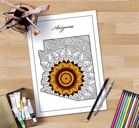 Arizona State Map Coloring Pages Adult Coloring Page Map Etsy