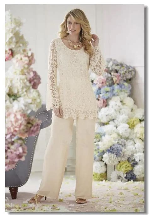 Elegant Lace Beige Chiffon Two Piece Pant Suits Mother Of The Bride