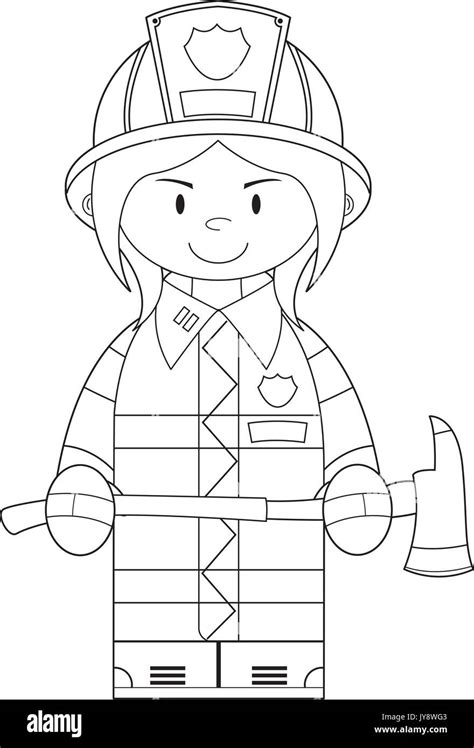 Cute Cartoon Fireman Firefighter With Axe Line Drawing Vector