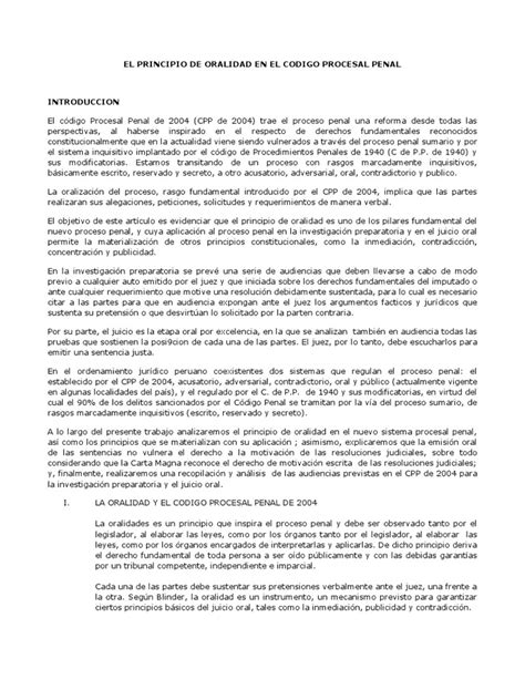 El Principio De Oralidad En El Codigo Procesal Penal 2004 Pdf