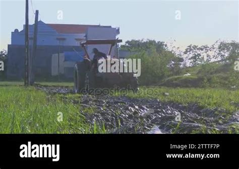 NHA TRANG VIETNAM NOVEMBER 26 2017 Tractor Ploughing Wet Green Rice