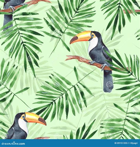 Palm Leaves And Toucan Watercolor Seamless Pattern Stock Illustration