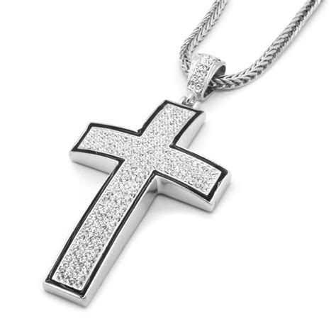 Mens Silverblack Iced Out Cross Pendant Hip Hop 36in Necklace Chain