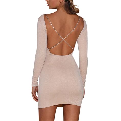 Elegant Women Backless Shiny Bodycon Dress Long Sleeve Sexy O Neck