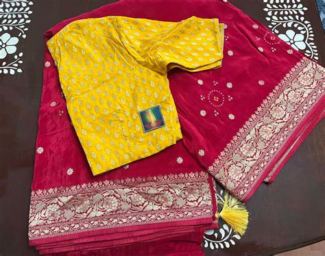 Beautiful New Moonga Silk Saree Bandini Work Designer Stitched Blouse