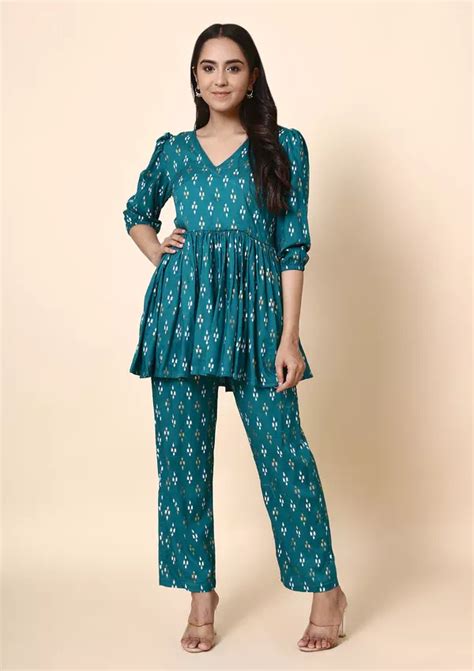 A Girl Wearing Teal Short Kurti Set Dress Indian Style Indian Wear Co