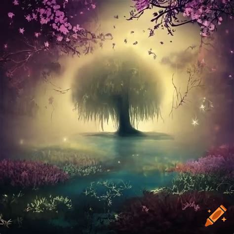 Mystical Hazy Dream World With Flying Fairies Under Weeping Willow