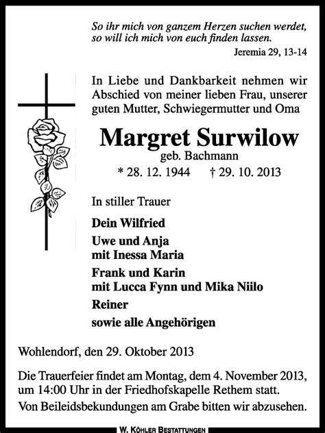 Traueranzeigen Von Margret Surwilow Trauer Kreiszeitung De