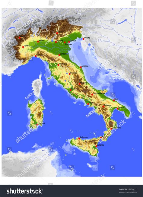 Italy Physical Vector Map Colored According To Elevation With Rivers