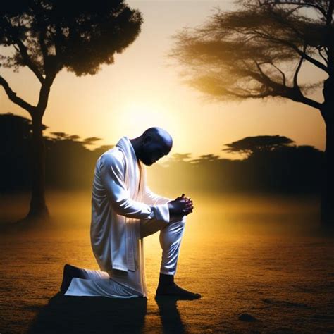 African Man Wearing White Robe Kneeling Down Prayin