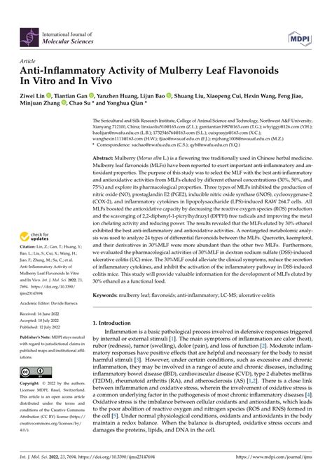 Pdf Anti Inflammatory Activity Of Mulberry Leaf Flavonoids In Vitro