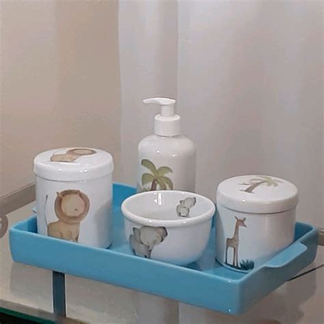 KIT HIGIENE PORCELANA SAFARI BANDEJA RETANGULAR AZUL BEBÊ Elo7