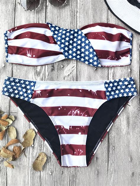 [21 Off] 2022 American Flag Patriotic Bandeau Bikini Set In Red And