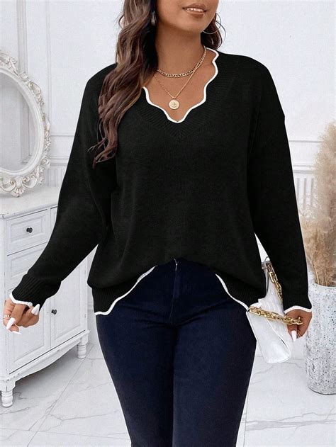 Shein Essnce Plus Contrast Binding Drop Shoulder Scallop Trim Sweater