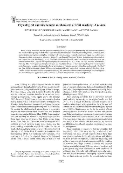 Pdf Physiological And Biochemical Mechanisms Of Fruit Cracking A Review