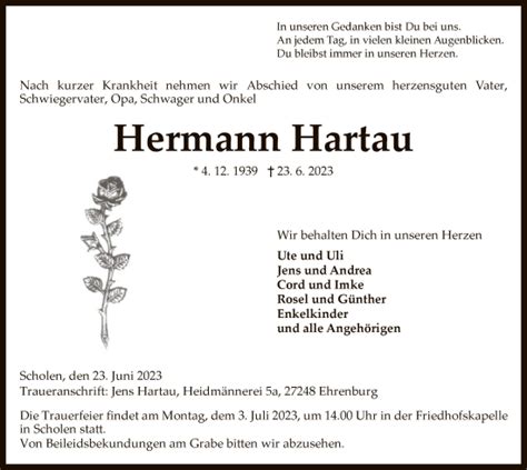 Traueranzeigen Von Hermann Hartau Trauer Kreiszeitung De