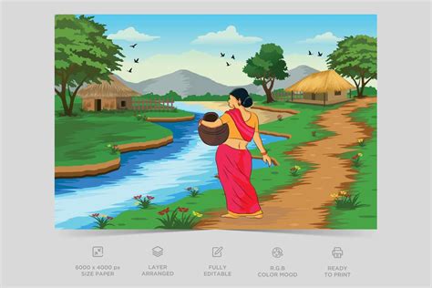 Indian Village Background Illustration. Rural mountain landscape and village vector illustration ...