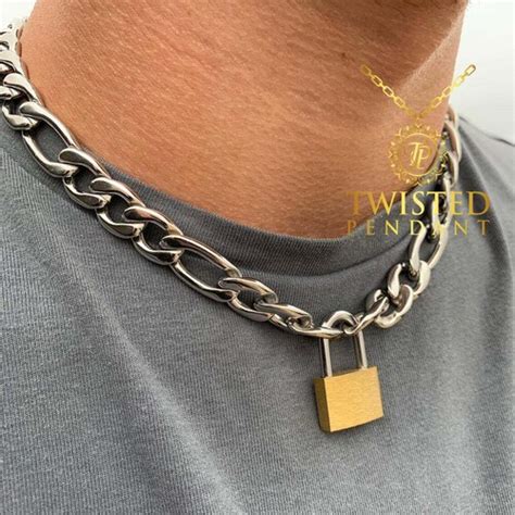 Padlock Necklace Choker Silver And Gold Padlock Mens Necklace Etsy