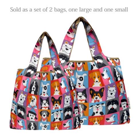 Wrapables Large And Small Nylon Reusable Grocery Bags Set 2 Cute Dogs