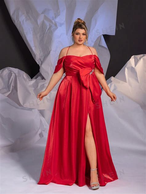 Glamrae Plus Size Red Satin Lapel Strapless Huge Bowknot High Slit