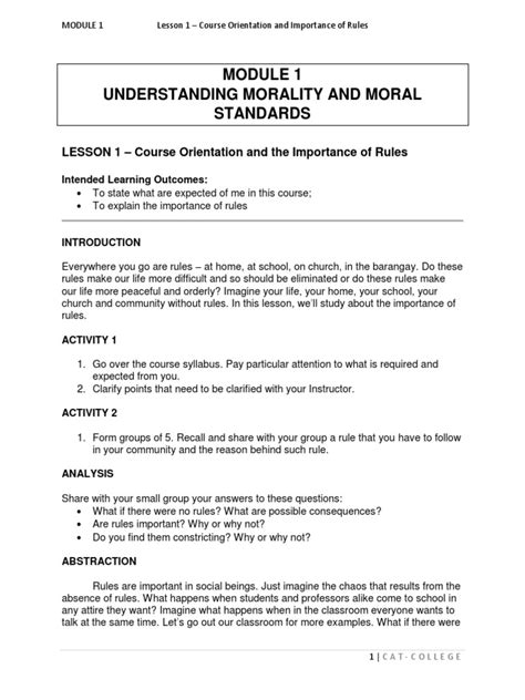 Understanding Morality And Moral Standards Lesson 1 Course Orientation And The Importance Of