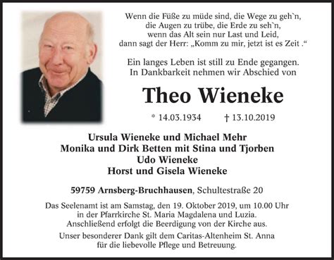 Traueranzeigen Von Theo Wieneke Trauer In Nrw De