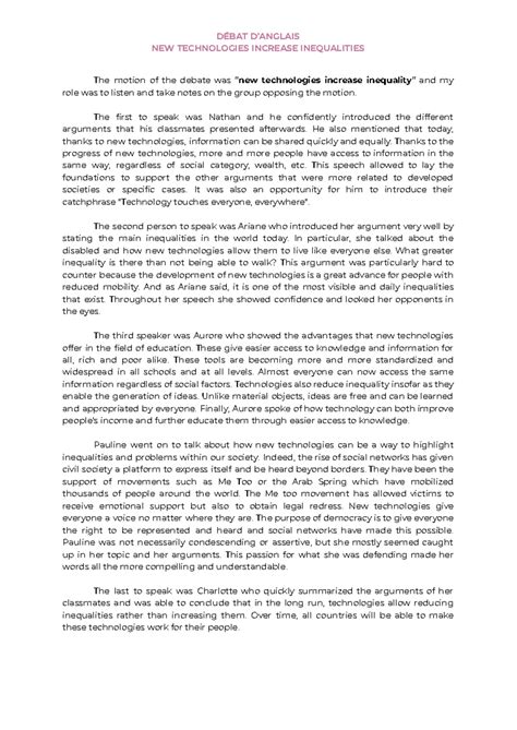 Debate Notes: New Tech & Inequalities - DÉBAT D’ANGLAIS - Studocu