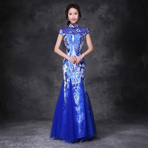 Royal Blue And White Porcelain Pattern Fishtail Lace Yarn Cheongsam