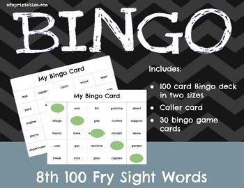 Bingo 8th 100 Fry Sight Words By Eduprintables TpT