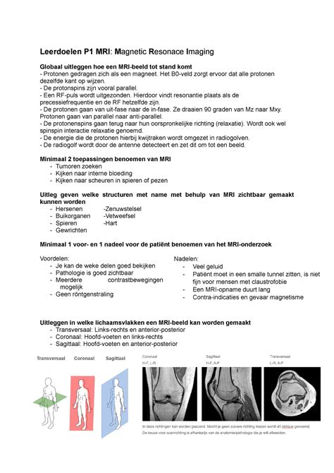 MRI P1 De Uitgewerkte Leerdoelen Van MRI Periode 1 Leerdoelen P1