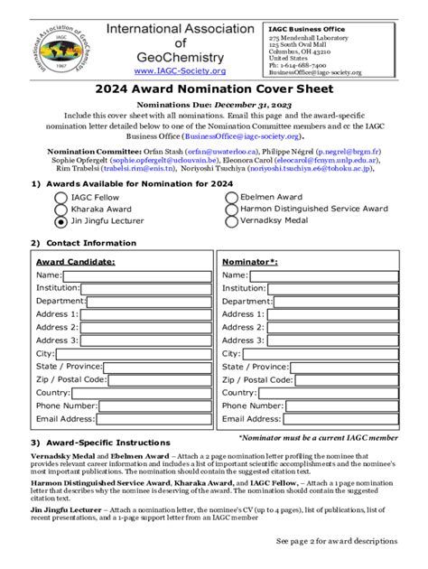 Fillable Online Award Nomination Cover Sheet Fax Email Print