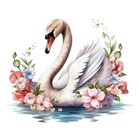 Hermoso Cisne Con Flores Sobre Un Fondo Blanco Vector Premium