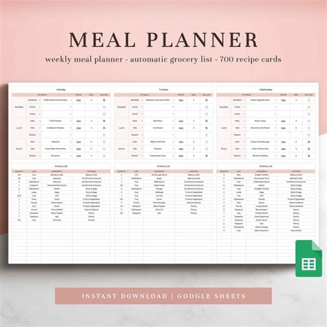 Weekly Meal Planner And Grocery List Meal Planner Spreadsheet Etsy