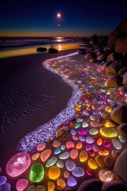 Premium AI Image | Beach at night with a rainbow of lights.