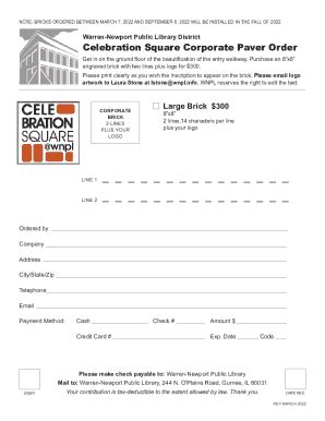 Fillable Online Celebration Square Brick Paver Order Form Fax Email