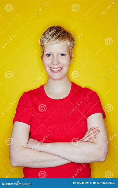 Happy Blonde Woman With Arms Crossed Stock Image Image Of Vitality