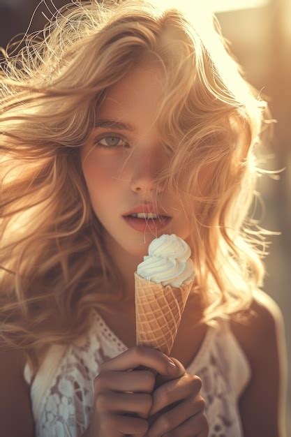 Blonde Girl Holding Ice Cream In A Waffle Cone Sunlight In Her Hair Vertical Orientation