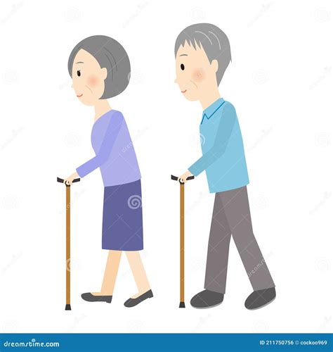 Grandpa And Grandma Are Walking With A Cane Stock Vector Illustration