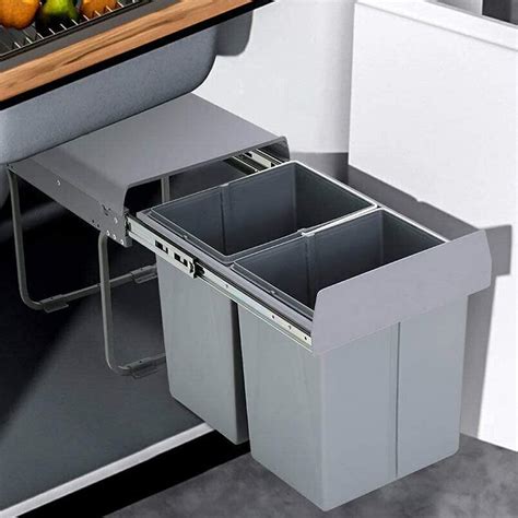 Double Sliding Under Cabinet Trash Can - 40 Quart Gray Bin with Lid and ...