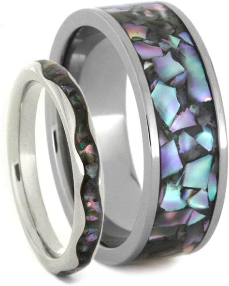 Abalone K White Gold Band And Abalone Titanium Band Couples Wedding