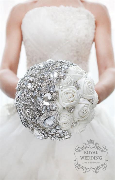 White Fabric Wedding Brooch Bouquet Ivory Silver Bridal Bouquet