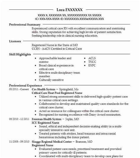 Registered Nurse Critical Care Nurse Resume Example