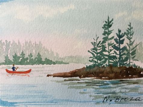 Watercolor Lake With Red Canoe Canvas Painting Designs Lake Painting