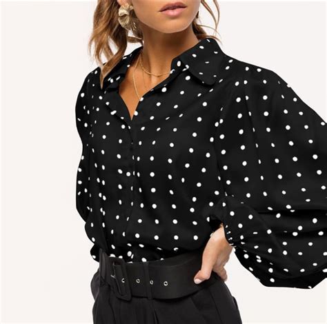 Womens Blouses Polka Dot Shirt Celmia Long Lantern Sleeve Lapel Neck Elegant Office Ladies