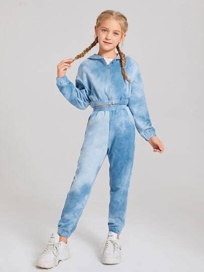 Shein Girls Tie Dye Zip Up Hoodie And Joggers Set Tween Fashion